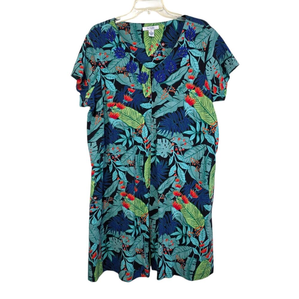 Go Softly Patio House Dress Zip Front Tropic Palms Embroidered XL